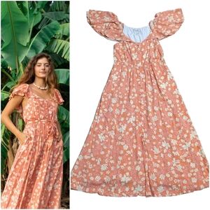 Yireh Indah Rose Maxi Dress Floral Flowers Pink Coral Salmon Size M Hawaii